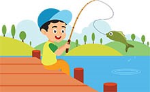 smiling happy child catches a fish in lake clipart